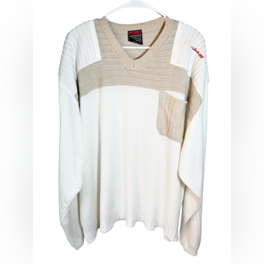 VTG FUBU Sweater Men’s 2XL Cream Pullover Pocket Colorblock Brown Circa XCII 92